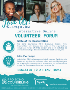 Pro Bono Counseling VOLUNTEER FORUM @ Interactive online event